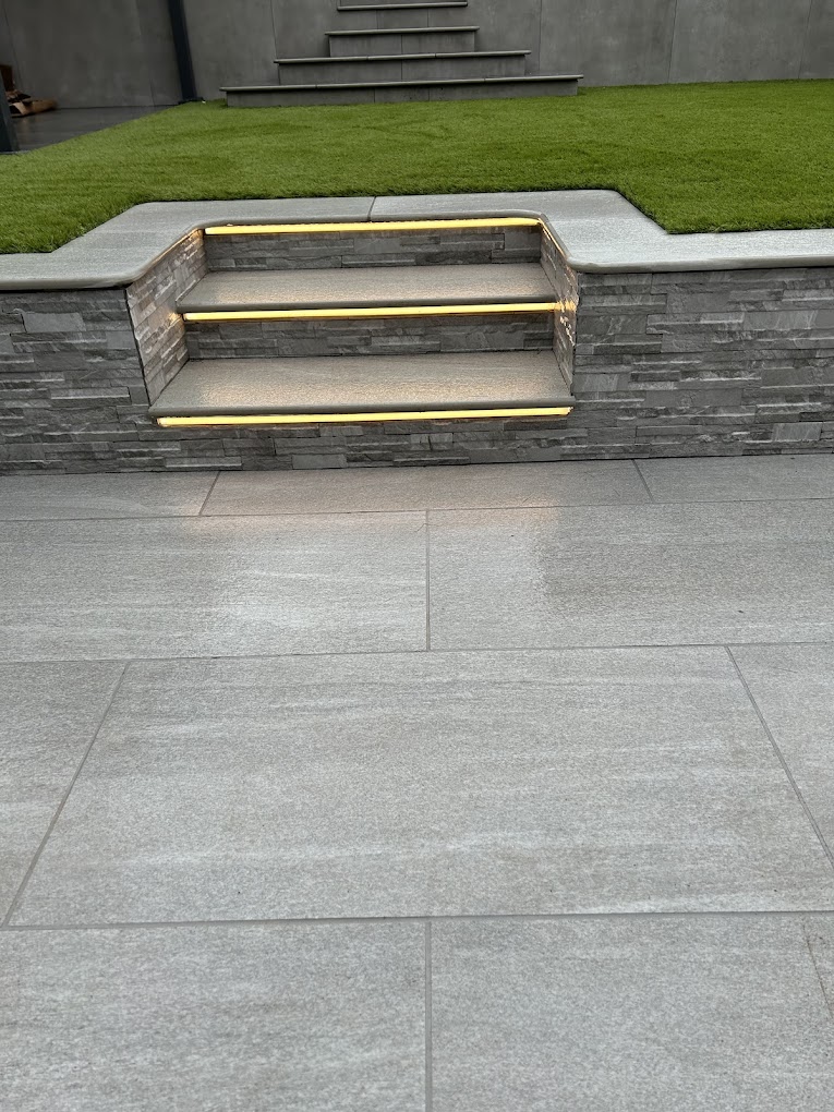 External stone steps with warm LED step lighting