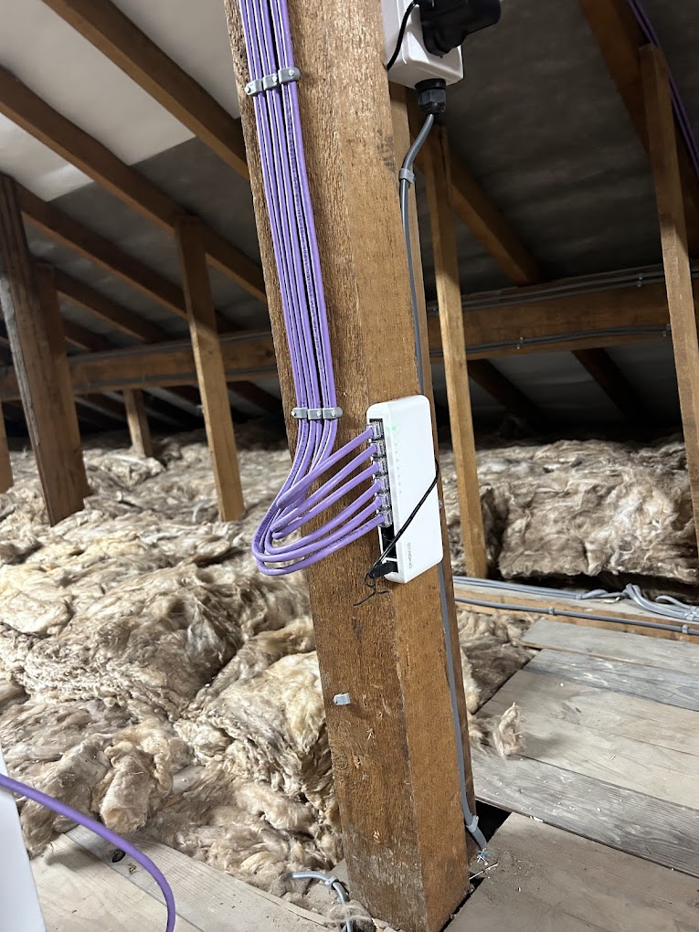 Cat6 network cabling and switch in loft