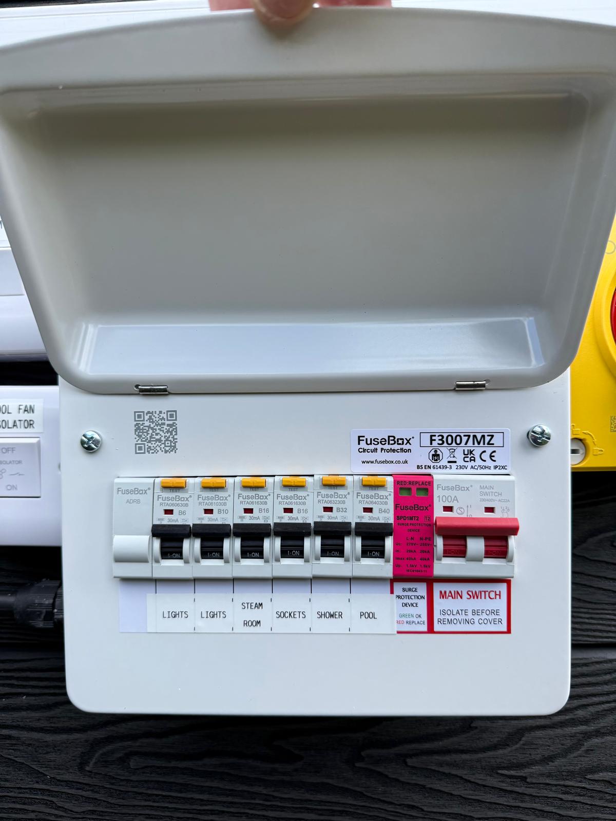 FuseBox consumer unit installation with labelled circuits for pool and steam room